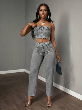SHEIN Tall سراويل جينز كاجوال ذات خصر غير متماثل وجيب