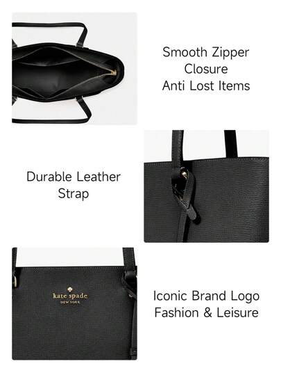 Kate Spade حقيبة يد جلد أسود كبيرة للنساء، حقيبة كلاتش كلاسيكية للسيدات للعمل والتسوق والسفر مع إغلاق بسوستة