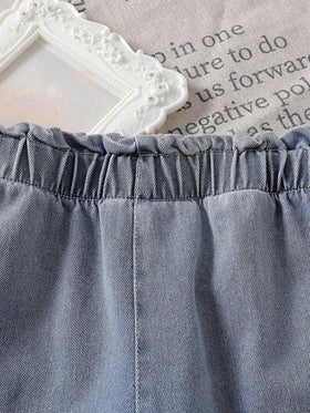 Elladie kids مجموعة 2 قطعة من الفتيات: فوتوب أنيق بياقة مستديرة بدون أكمام مزين ببريق عقدة الفراشة ثلاثي الأبعاد + بنطلون جينز بطرف مطرز سماوي، مجموعة ملابس عصرية مناسبة للعطلات والسفر والحفلات وكهدية عيد الميلاد، صيفي