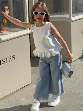 Elladie kids مجموعة 2 قطعة من الفتيات: فوتوب أنيق بياقة مستديرة بدون أكمام مزين ببريق عقدة الفراشة ثلاثي الأبعاد + بنطلون جينز بطرف مطرز سماوي، مجموعة ملابس عصرية مناسبة للعطلات والسفر والحفلات وكهدية عيد الميلاد، صيفي