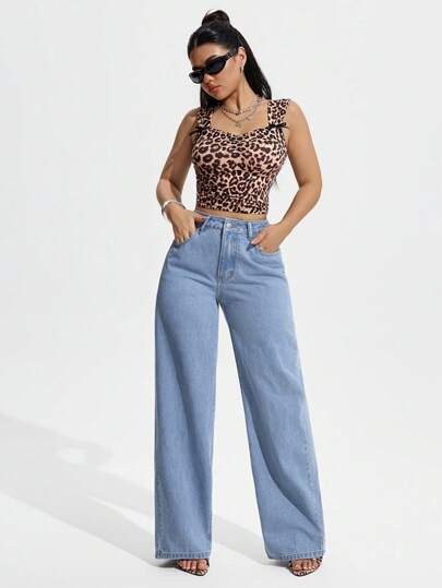 SHEIN PETITE سروال جينز نسائي بقصة ساق واسعة متعدد الاستخدامات بجيوب وطول عادي بلون واحد
