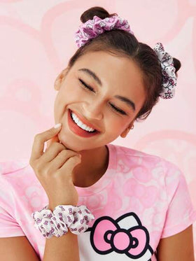 HELLO KITTY AND FRIENDS | SHEIN 3 قطع آزرار شعر مربوط من الساتان الناعم ، ربطات شعر حلزونية براقة ،فيونكات جميلة بتصميم قطة وردي، مطاطية ولطيفة للشعر