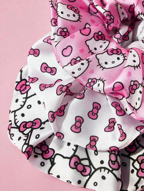 HELLO KITTY AND FRIENDS | SHEIN 3 قطع آزرار شعر مربوط من الساتان الناعم ، ربطات شعر حلزونية براقة ،فيونكات جميلة بتصميم قطة وردي، مطاطية ولطيفة للشعر