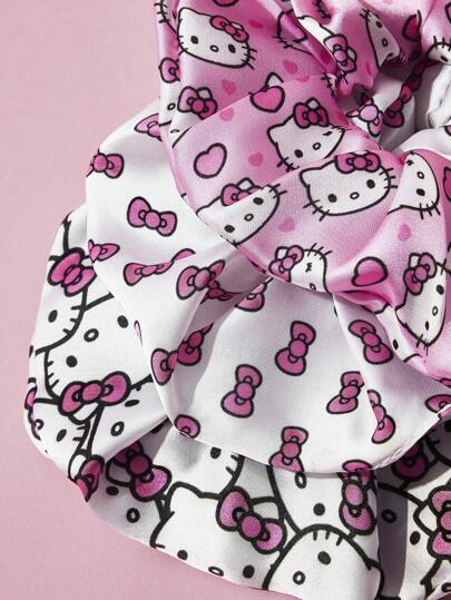 HELLO KITTY AND FRIENDS | SHEIN 3 قطع آزرار شعر مربوط من الساتان الناعم ، ربطات شعر حلزونية براقة ،فيونكات جميلة بتصميم قطة وردي، مطاطية ولطيفة للشعر