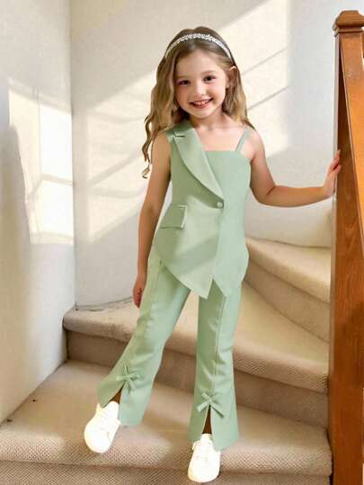 Elladie kids ملابس علوية أكتاف واحدة بتصميم ذيل غير متماثل مع بنطال ذو ساق واسعة مزينة بفيونكة، طقم صيفي كاجوال باللون الأخضر للفتيات الصغيرة