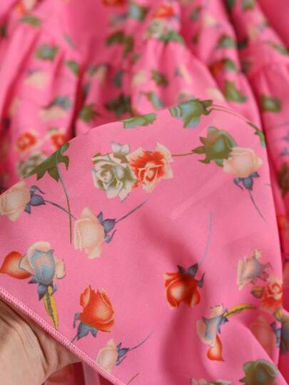 تنورة نسائية شيفون مزخرفة بالأزهار مطوية على شكل حرف A، خصر عالي فضفاضة مُلطفة أنيقة للعطلات والاستخدام اليومي، للربيع والخريف