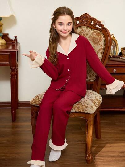Snug Zone طقم بيجامة للفتيات المراهقات مكون من بلوزة بياقة مكشكشة وبنطال، للاستخدام في عيد الميلاد
