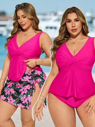 Swim Lushoire بدلة سباحة قياس كبير للنساء مكونة من 2 قطعة، ملابس علوية ذو أشرطة متقاطعة فريدة وأسفل بزهرة كبيرة غير منتظمة، متعددة الألوان، أنيقة