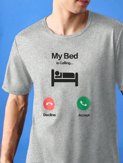 Chillnights ملابس علوية بطباعة نص "سريري" رداء مريح للشباب، ملابس علوية بولوفر تيشرت