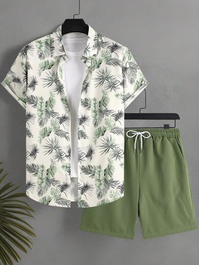 Manfinity Swimmode طقم قميص أكمام قصيرة مطبوع بالنباتات وشورت للرجال لأجازة الصيف