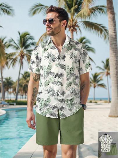 Manfinity Swimmode طقم قميص أكمام قصيرة مطبوع بالنباتات وشورت للرجال لأجازة الصيف