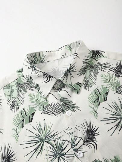 Manfinity Swimmode طقم قميص أكمام قصيرة مطبوع بالنباتات وشورت للرجال لأجازة الصيف