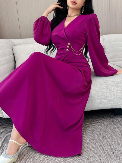 Modelyn فستان نسائي سادة بياقة حرف V وأكمام طويلة مع ربطة أمامية