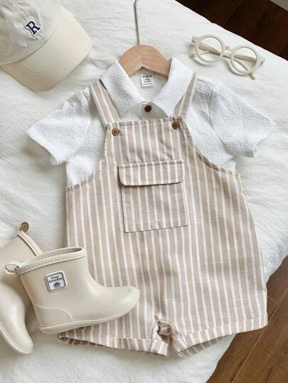 SHEIN مجموعة 2 قطعة يمكن ارتداؤها بواسطة الجنسين ، قميص أبيض بأكمام قصيرة مريح وقصير عام ذو كتلة عرضية مخططة، مناسب للأنشطة الداخلية والخارجية واليومية والرياضية واللعب والحفلات والتصوير الفوتوغرافي والمناسبات الموسمية