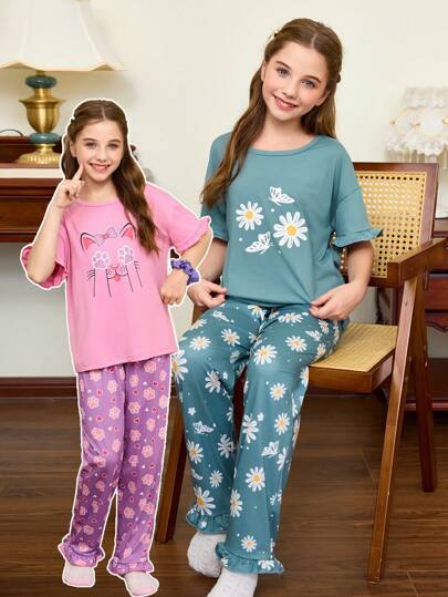 SHEIN مجموعة بيجامة بتصميم الزهور والقطط مع كشكشة وأكمام قصيرة وبنطال طويل لكبار البنات، 2 قطعة/طقم