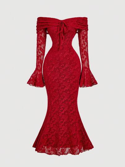 SHEIN MOD فستان نسائي ضيق الجسم بأكمام طويلة وربطة أمامية على الكتف، فستان أحمر بتصميم ذيل السمكة مطرز بالدانتيل، فستان نسائي مقاس S، فستان حفلة، فساتين رسمية لحفلات عيد الحب لضيوف الزفاف، فستان لضيوف الزفاف