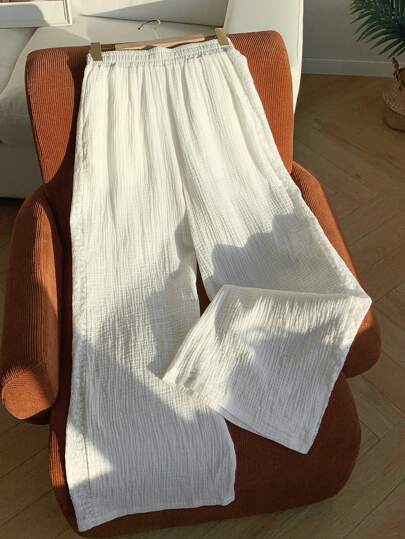 Comfortcana سراويل صيفية واسعة الساق للنساء من قماش الكشمير الأبيض المزخرف