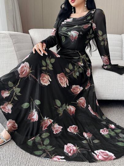 Modelyn فستان أنيق للنساء بأكمام جرس مطبوع بإزهار كاملة