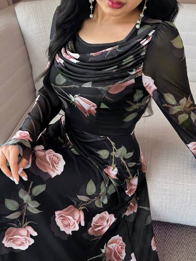 Modelyn فستان أنيق للنساء بأكمام جرس مطبوع بإزهار كاملة