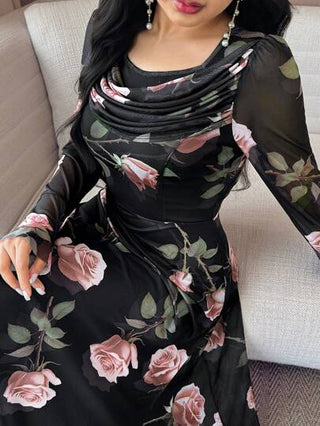 Modelyn فستان أنيق للنساء بأكمام جرس مطبوع بإزهار كاملة