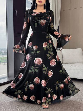 Modelyn فستان أنيق للنساء بأكمام جرس مطبوع بإزهار كاملة