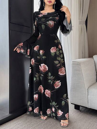 Modelyn فستان أنيق للنساء بأكمام جرس مطبوع بإزهار كاملة