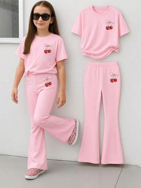 Elladie kids مجموعة تيشيرت بأكمام قصيرة مطبوع عليه شكل الكرز وسروال قصير، لفتيات المراهقات، ملابس رياضية للربيع والصيف، 2 قطعة/مجموعة