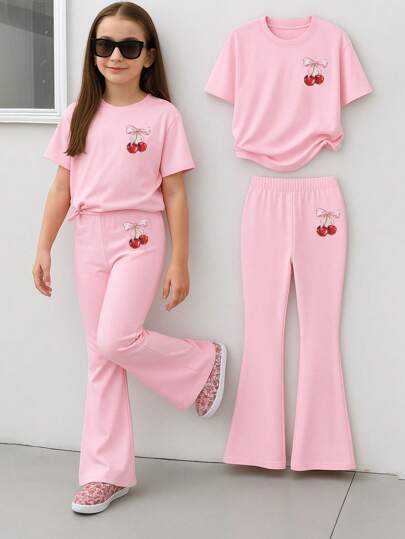 Elladie kids مجموعة تيشيرت بأكمام قصيرة مطبوع عليه شكل الكرز وسروال قصير، لفتيات المراهقات، ملابس رياضية للربيع والصيف، 2 قطعة/مجموعة