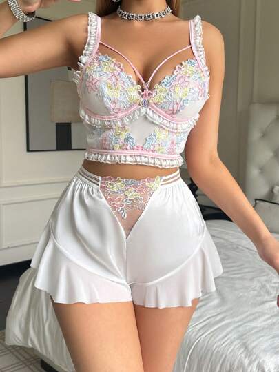 SHEIN مجموعة بيجامة نسائية لامعة شفافة مطرزة قطعتين من الملابس الداخلية، مجموعة قطعتين صيفية للمرأة، مجموعة تنورة وملابس داخلية مكونة من قطعتين