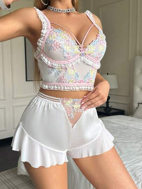 SHEIN مجموعة بيجامة نسائية لامعة شفافة مطرزة قطعتين من الملابس الداخلية، مجموعة قطعتين صيفية للمرأة، مجموعة تنورة وملابس داخلية مكونة من قطعتين