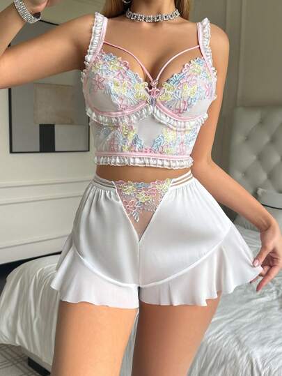 SHEIN مجموعة بيجامة نسائية لامعة شفافة مطرزة قطعتين من الملابس الداخلية، مجموعة قطعتين صيفية للمرأة، مجموعة تنورة وملابس داخلية مكونة من قطعتين