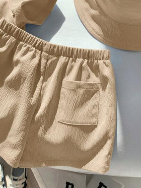 SHEIN طقم مكون من 3 قطع للأطفال الرضع الصبيان والبنات: كارديجان بأكمام قصيرة مزين بياقة، شورت بخصر مطاطي، وقبعة. ملابس صيفية محايدة للأطفال الرضع