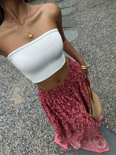MainGRL تنورة مُنسوجة بزخارف زهرية حمراء للنساء