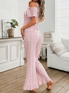 SHEIN مجموعة ملابس منزلية نسائية قصيرة الأكمام بطباعة ملمس الأقواس متناظرة الأكتاف مع ربطة عنق كاجوال