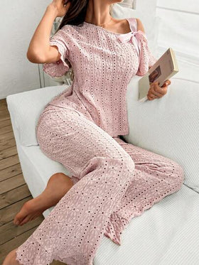 SHEIN مجموعة ملابس منزلية نسائية قصيرة الأكمام بطباعة ملمس الأقواس متناظرة الأكتاف مع ربطة عنق كاجوال