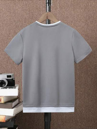 SHEIN تيشيرت رجالي مخطط 2 في 1 بتفاصيل الحروف لفئة الأعمار من 10-15 سنة