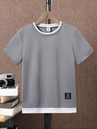 SHEIN تيشيرت رجالي مخطط 2 في 1 بتفاصيل الحروف لفئة الأعمار من 10-15 سنة