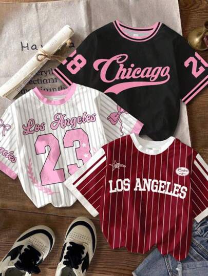 SHEIN EZwear 3 قطع تي شيرت كاجول بأكمام قصيرة للنساء، بياقة دائرية، مخطط #23 وبنمط حرفي للمدينة، مناسب للصيف والرياضة