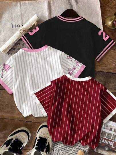 SHEIN EZwear 3 قطع تي شيرت كاجول بأكمام قصيرة للنساء، بياقة دائرية، مخطط #23 وبنمط حرفي للمدينة، مناسب للصيف والرياضة