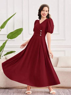 SHEIN فستان طويل أنيق وأنثوي لفتيات المراهقات مناسب للربيع والصيف والأعياد والمناسبات الخاصة كالسنة الجديدة وعيد الحب، مزين بأزرار اللؤلؤ بطراز الفساتين الأميرية، وأناقة العصرية البحرية والكلاسيكية بالألوان الأحمر ، مناسب لمناسبات الزفاف والمواسم الفاخرة