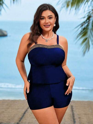 Swim Lushoire مجموعة قياس كبير لنساء من قطعتين، توب بانديو أسود مرصع بالترتر ومقاس خصر عالي، شورتات قصيرة، ملابس سباحة "تانكيني" ذات تحكم في البطن، أسلوب عصري يومي مبسط