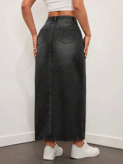 SHEIN EZwear تنورة ماكسي جينز خصر عالي مغسولة بشكل كاجوال