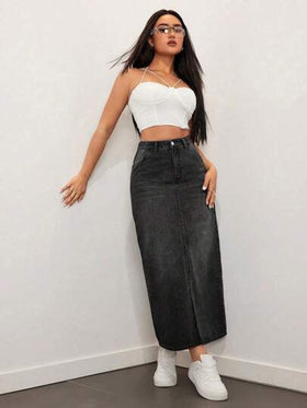 SHEIN EZwear تنورة ماكسي جينز خصر عالي مغسولة بشكل كاجوال