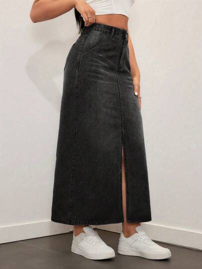 SHEIN EZwear تنورة ماكسي جينز خصر عالي مغسولة بشكل كاجوال