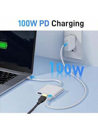 محول USB-C نوع 3.0 به 3 منافذ Hub، منفذ USB-A واحد ، USB-C واحد ، منفذ تمديد HD واحد ، شحن 100 واط ، منفذ شحن سريع من نوع C متوافق مع التلفزيون ، مشغل DVD ، جهاز عرض ، الهواتف الذكية ، الأجهزة اللوحية ، Switch ، التلفزيونات ، الشاشات ، الهواتف الذكية ، وح