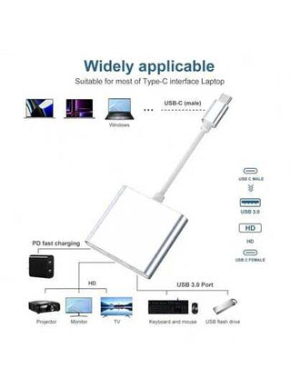 محول USB-C نوع 3.0 به 3 منافذ Hub، منفذ USB-A واحد ، USB-C واحد ، منفذ تمديد HD واحد ، شحن 100 واط ، منفذ شحن سريع من نوع C متوافق مع التلفزيون ، مشغل DVD ، جهاز عرض ، الهواتف الذكية ، الأجهزة اللوحية ، Switch ، التلفزيونات ، الشاشات ، الهواتف الذكية ، وح