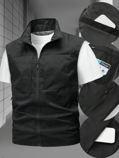 Manfinity Homme صدرية أكمام بدون بدون أكمام بسحاب متعدد للرجال ، للربيع والصيف والخريف