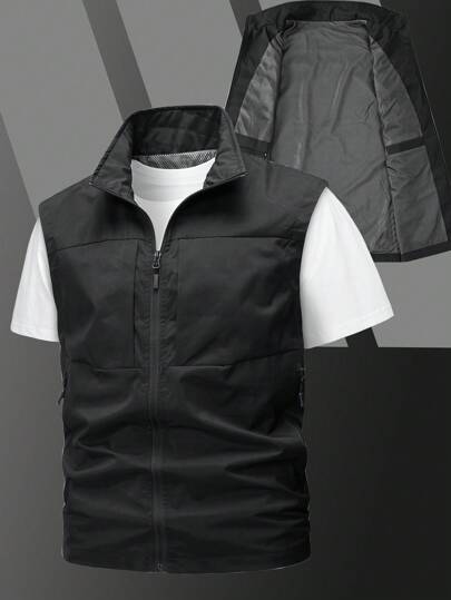 Manfinity Homme صدرية أكمام بدون بدون أكمام بسحاب متعدد للرجال ، للربيع والصيف والخريف