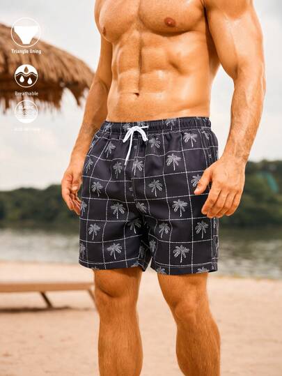 Manfinity Swimmode شورتات شاطئ رجالية قصيرة ذات خصر بحبل وطباعة أشجار النخيل