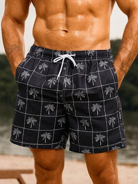 Manfinity Swimmode شورتات شاطئ رجالية قصيرة ذات خصر بحبل وطباعة أشجار النخيل